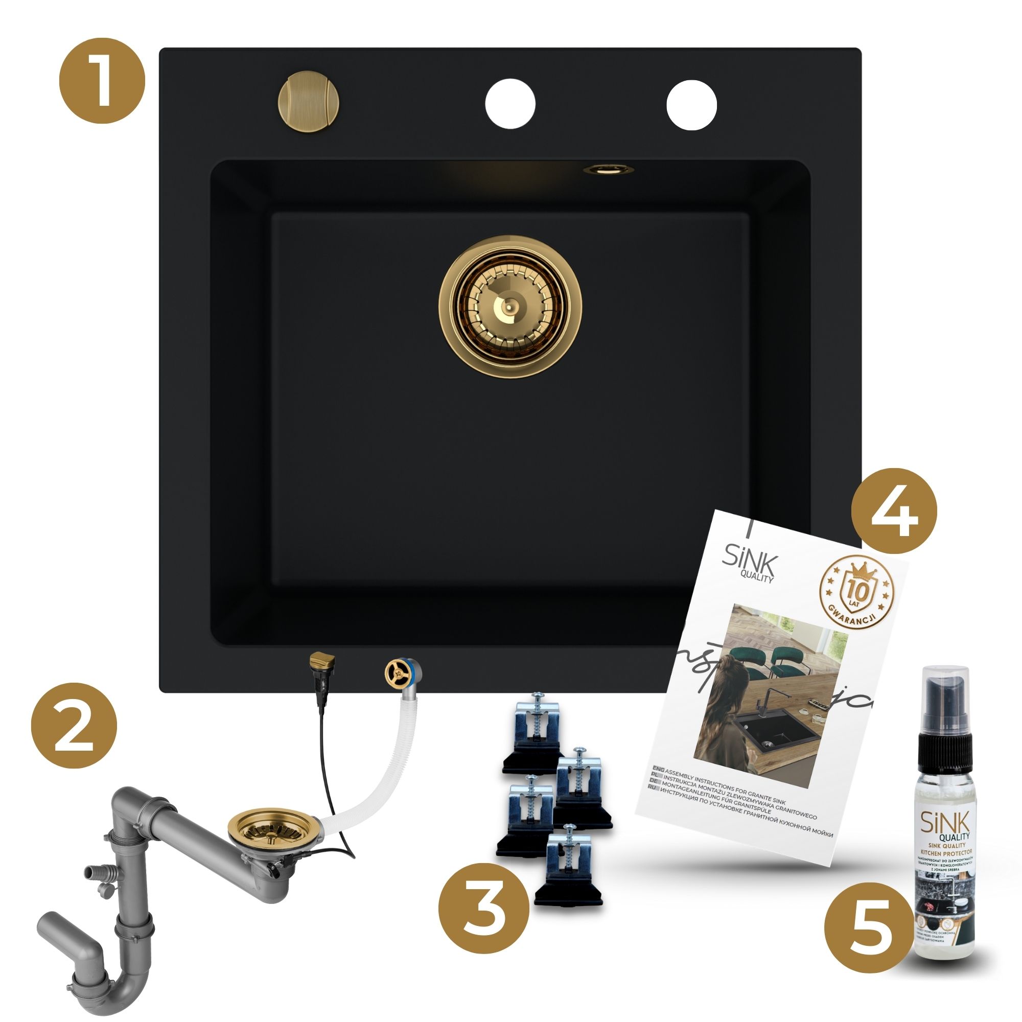 Zlew granitowy FERRUM 1K50 z elementami dołączonymi do zestawu